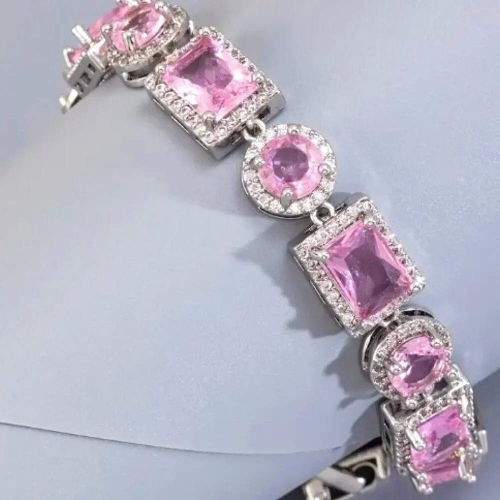Glittering Pink Zircon 8 inch Bracelet - Exquisite Round Square Design